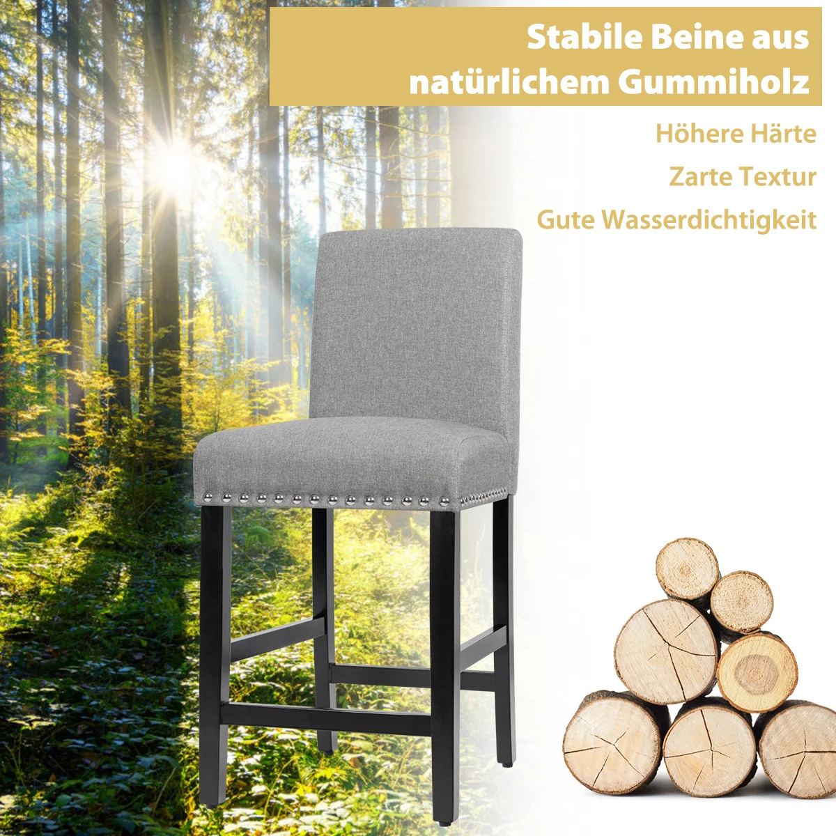 Barhocker 2er Set, gepolsterte Barstühle mit Beinen aus Gummiholz, atmungsaktivem Leinengewebe & Rückenlehne, Bistrohocker