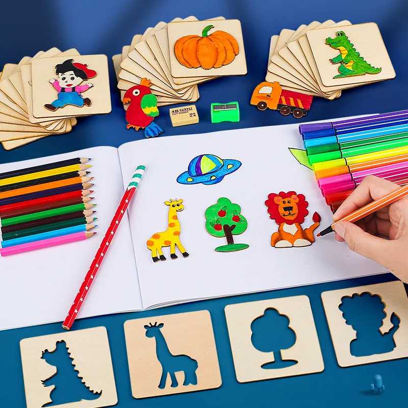 20 pz Montessori Bambini Disegno Giocattoli di Legno Pittura FAI DA TE Stencil Set Giocattolo Artigianale Colorazione Puzzle Giocattoli Educativi Per Il Regalo Dei Bambini
