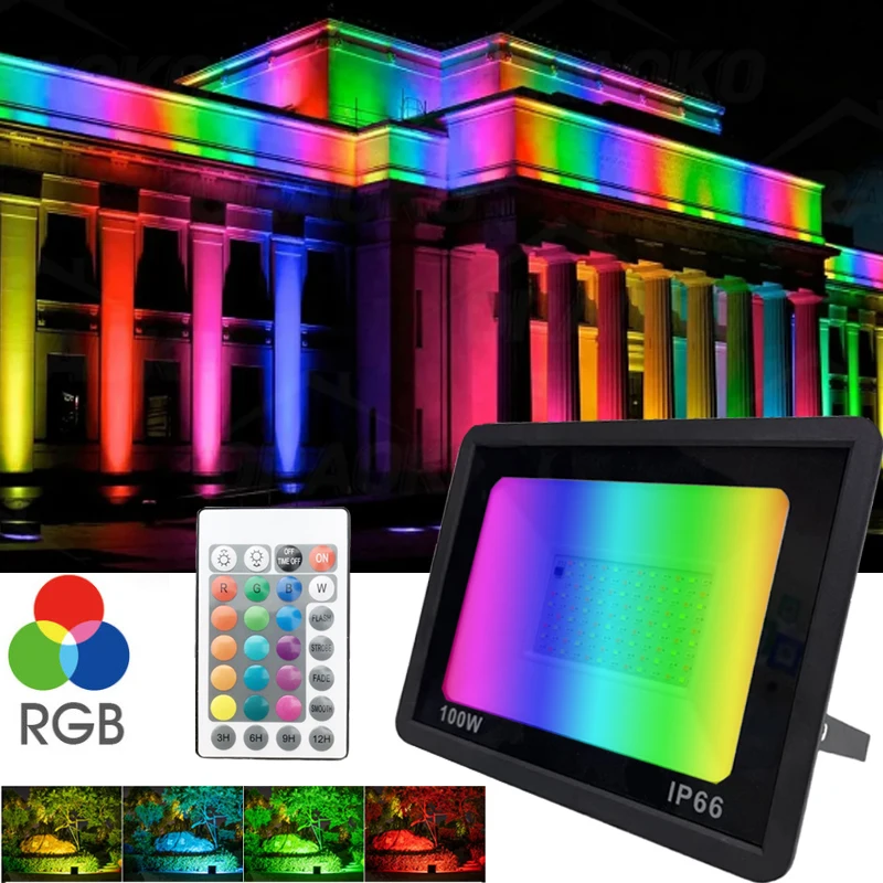 Reflector LED RGB, iluminación exterior, 220V, 50W, 100W, IP66, foco impermeable, paisaje, fuente de jardín, lámparas decorativas