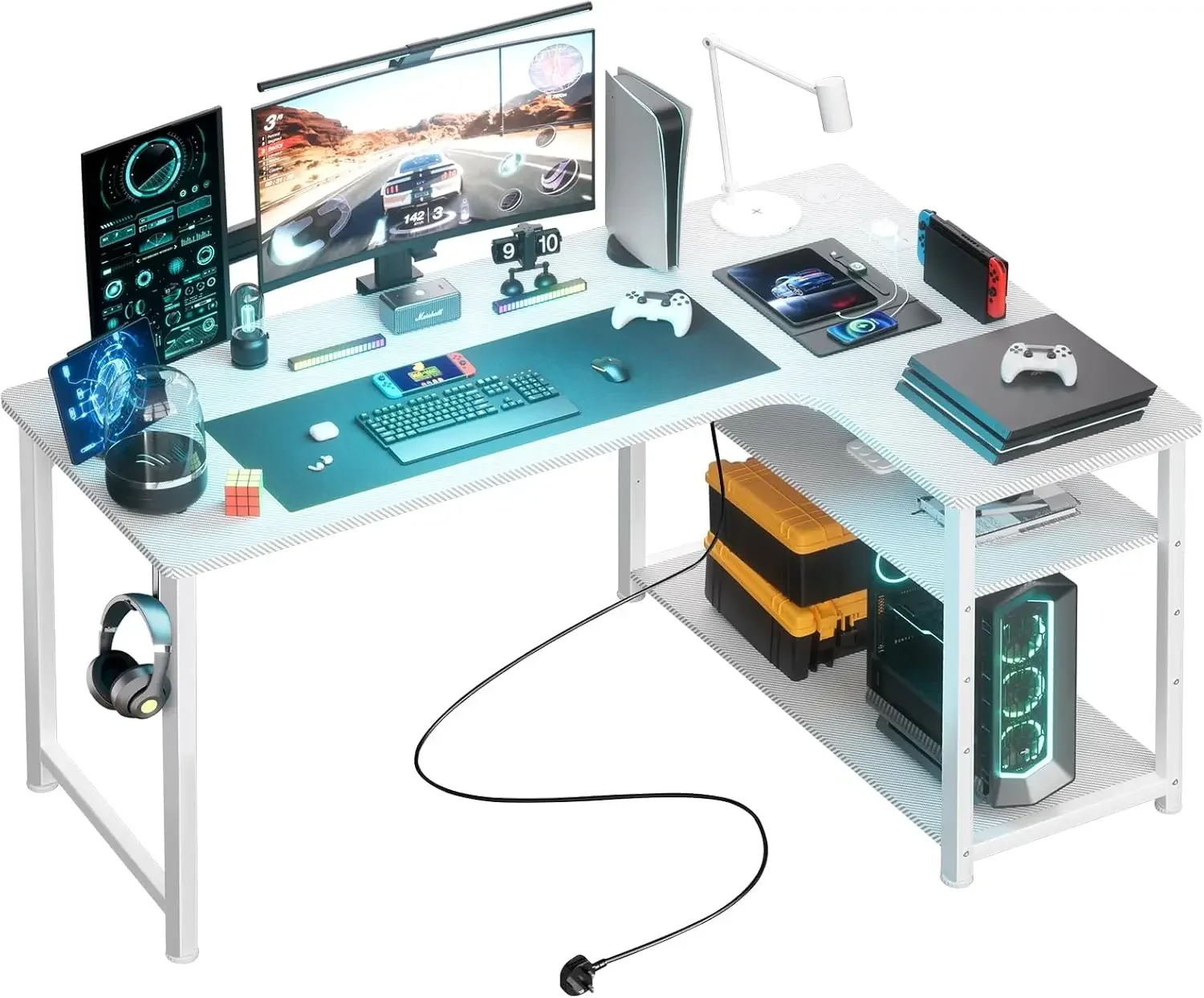 COMHOMA tavolo da gioco con ripiano, scrivania ad angolo con presa e porta di ricarica USB, scrivania per computer da 120 cm a forma di L, tavolo per PC per ufficio, ufficio domestico
