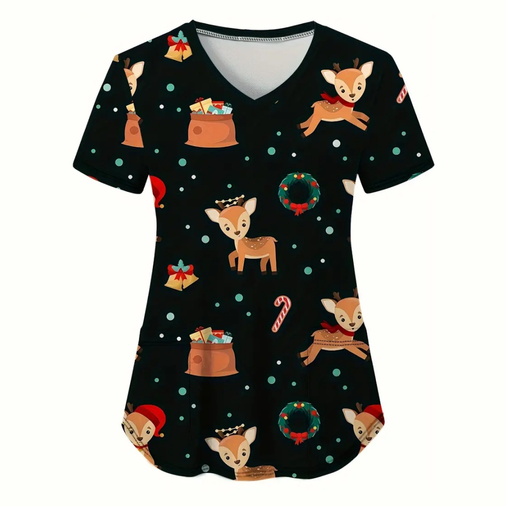 여성용 크리스마스 스크럽 탑, 반팔, V넥 프린트, 플러스 사이즈, 간호, 여름, S-5XL