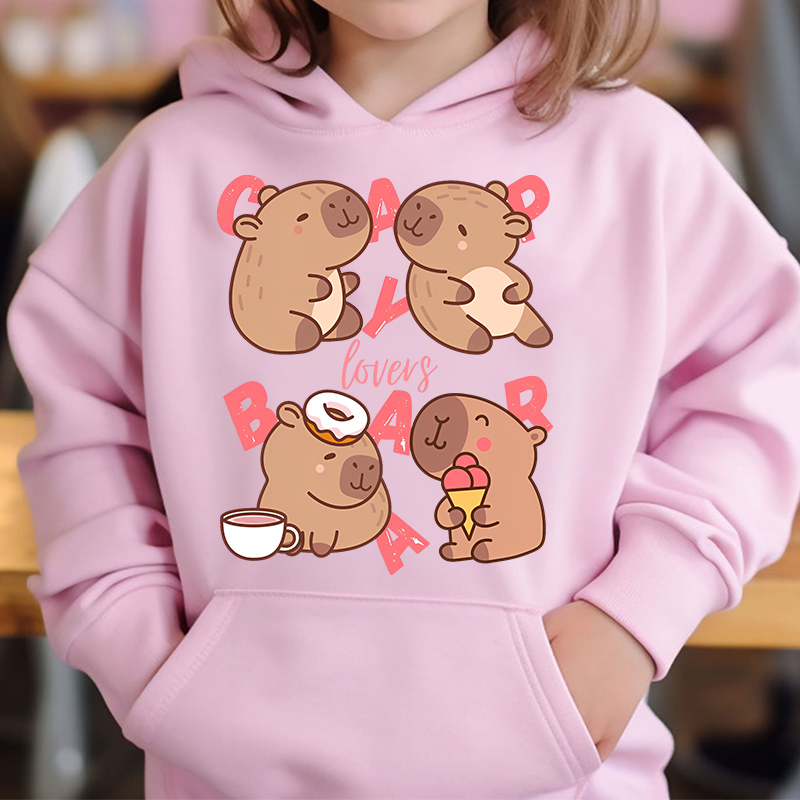 Lindo Capybara Loves Bubble Tea niños Sudadera con capucha rosa más suéter de terciopelo tops de otoño e invierno para niñas