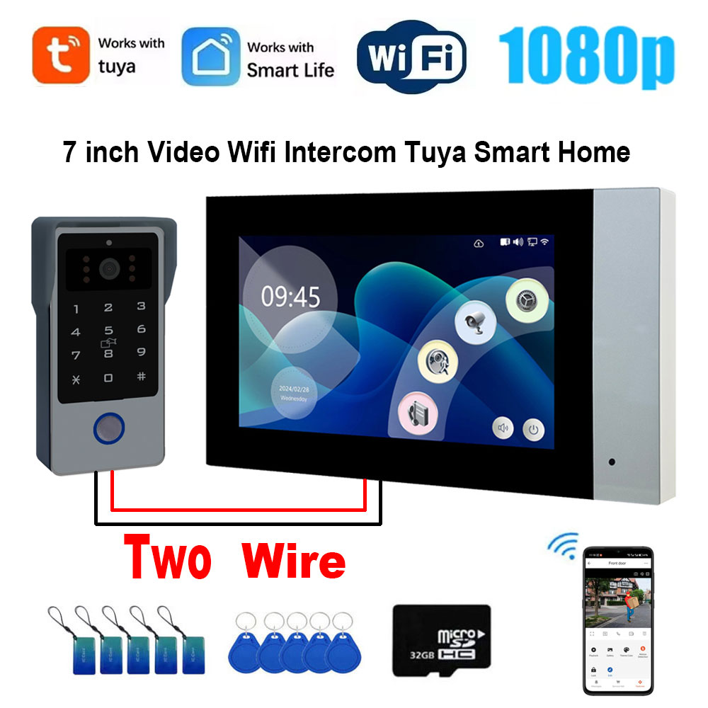 2-проводная система видеодомофона Tuya, 7-дюймовый Wi-Fi монитор, 1080P, камера домофона, видеодверной звонок, код, пароль, IC-карта, разблокировка через приложение
