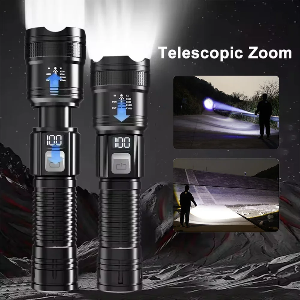 Linternas LED recargables portátiles, linterna táctica militar de alta potencia, linterna con Zoom telescópico, lámpara para acampar al aire libre y pescar