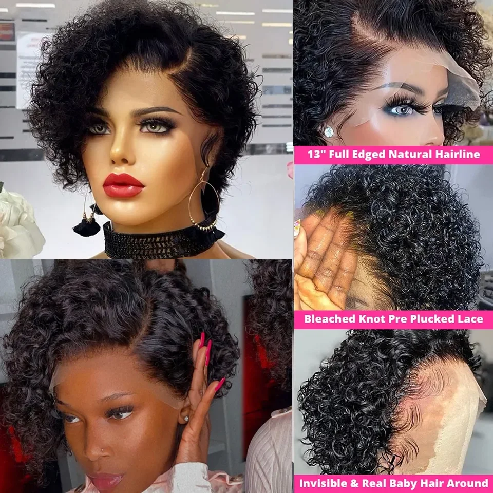 Kurze Bob-Perücke, Pixie-Schnitt-Perücke, lockige Echthaar-Perücken für Frauen, 13 x 1 Spitze vorne, transparent, tiefe Welle, Spitzenperücke, vorgezupfter Haaransatz