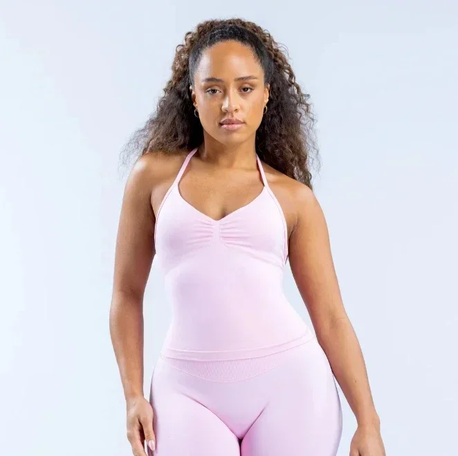 Top de gimnasio con tiras palangre de impacto con logotipo, ropa de gimnasio sin espalda, sujetador incorporado con copas extraíbles, camisetas sin mangas de Yoga