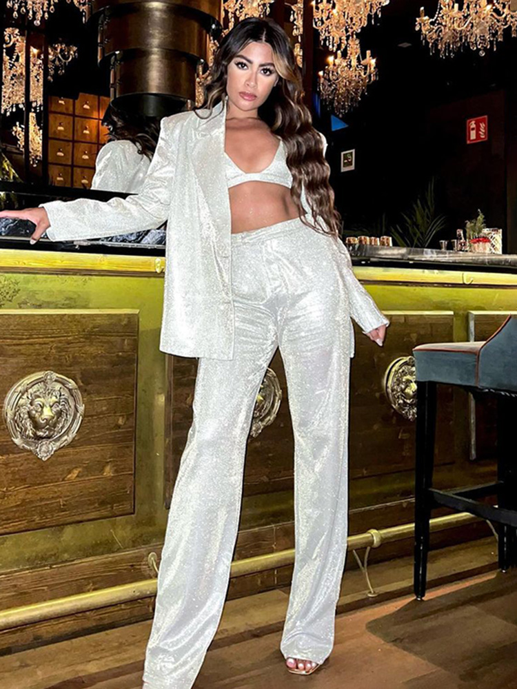 TARUXY スライバーキラキラ特大ブレザーセット女性のためのスーツレディースカジュアルグリッターコートとパンツセットブレザーファム Mujer パーティー