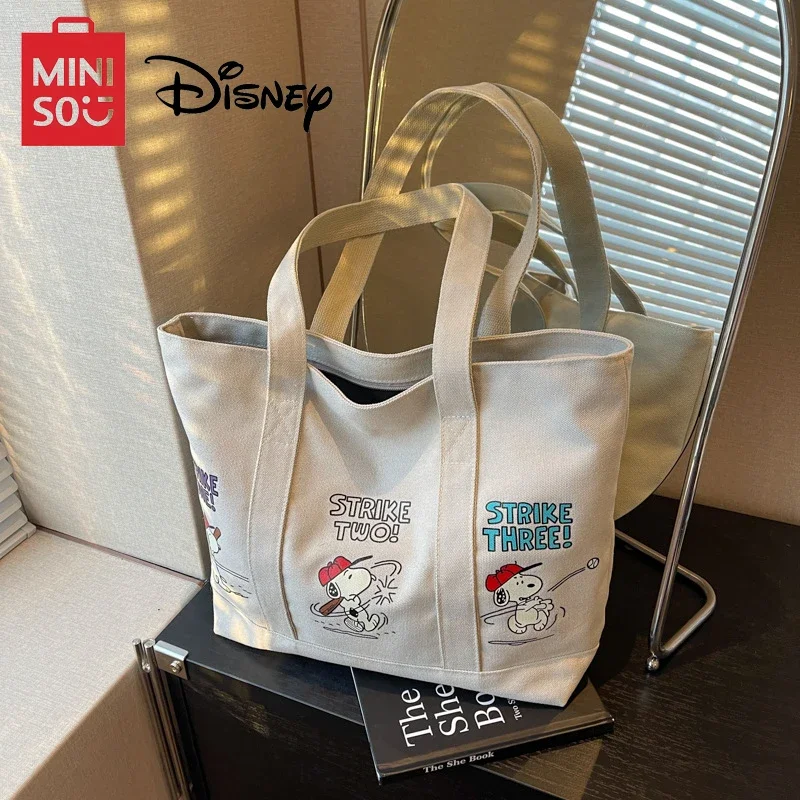 MINISO Disney Neue Serie Cartoon Nette Leinwand Tasche Frauen Große Kapazität Handtasche Casual Tote Tasche Snoopy Druck Zip Schulter Tasche