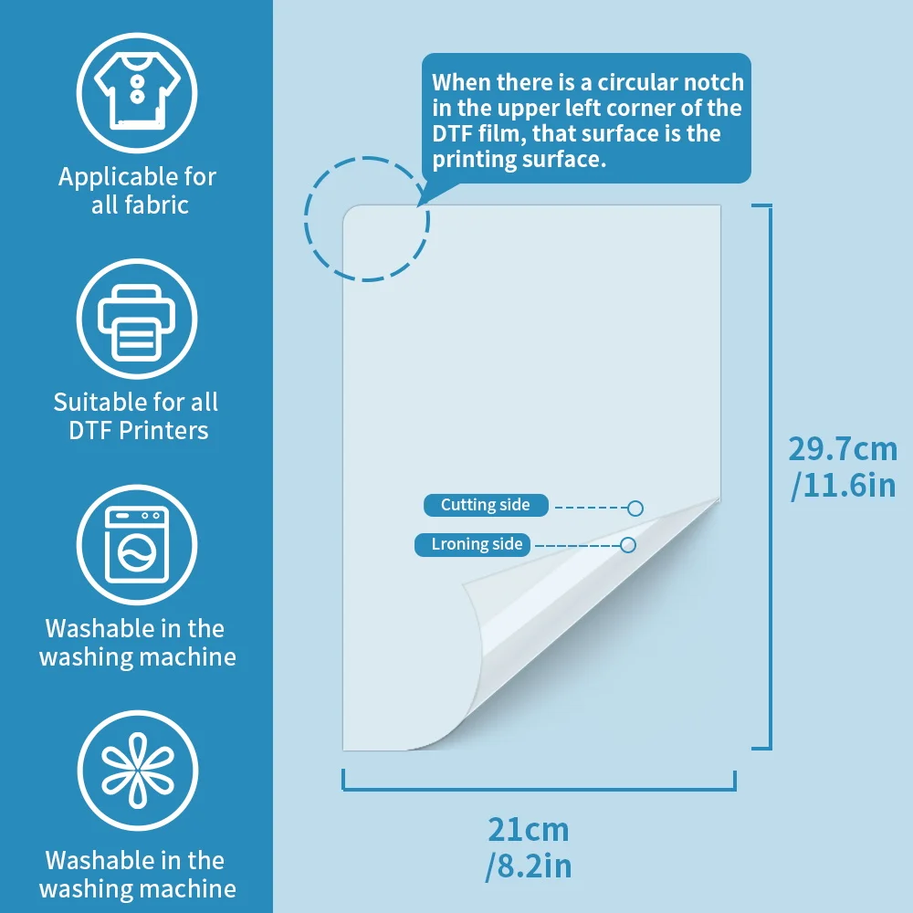 WOWOCUT DTF 전사 필름 100매 A3 DTF 승화 프린터용 필름에 직접 접착 전사지 모든 색상 직물용