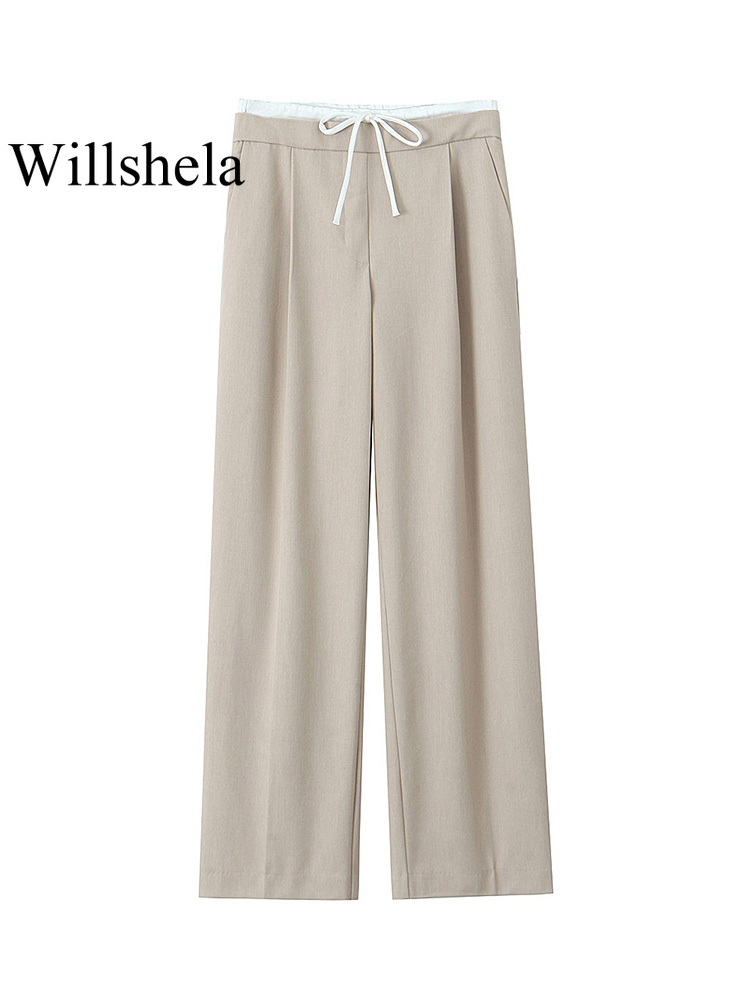Willshela damesmode effen vetersluiting aan de zijkant rechte broek vintage hoge elastische taille vrouwelijke chique damesbroek