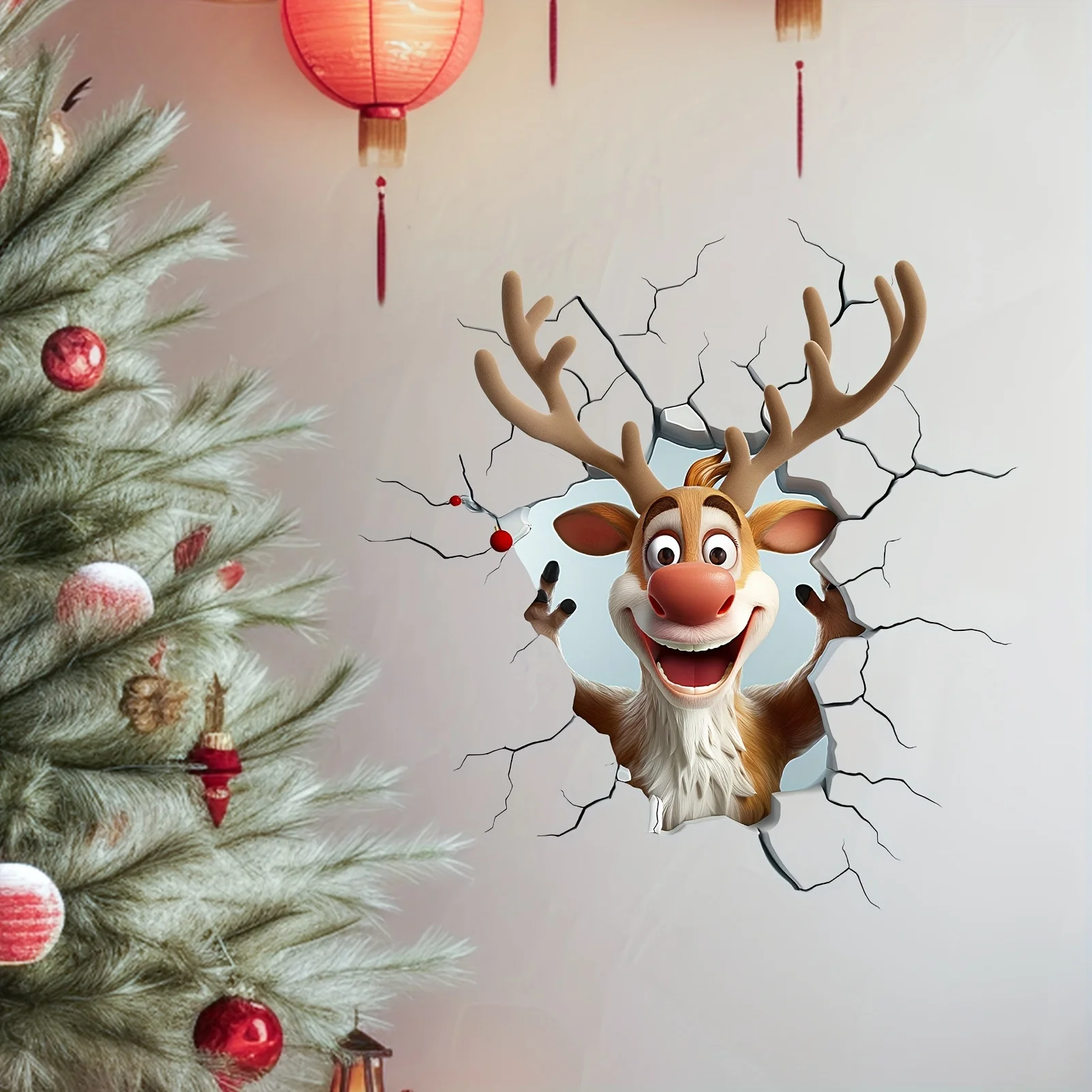 3D Reindeer Break-Through Wall Decal, Vinyl Christmas Wall Stickers, Removable Holiday Decor for Home and Living Spaces