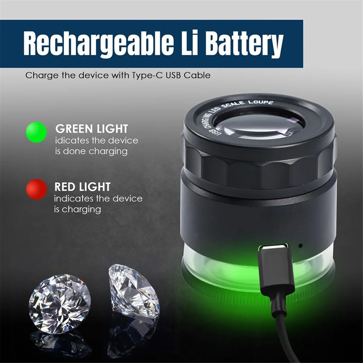 AA91 Lupenlupe 10x, wiederaufladbare Juwelierlupe mit LED-Licht und Skala, verstellbare Brennweitenlupe