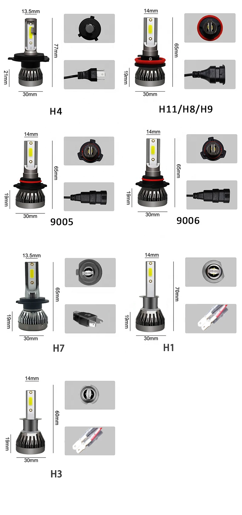 2 unidades/par mini luzes auto h7 led h4 lâmpada h3 h8 h9 h11 9005 9006 9012 6000lm farol do carro h1 6000k luz de nevoeiro automática 12v lâmpada led