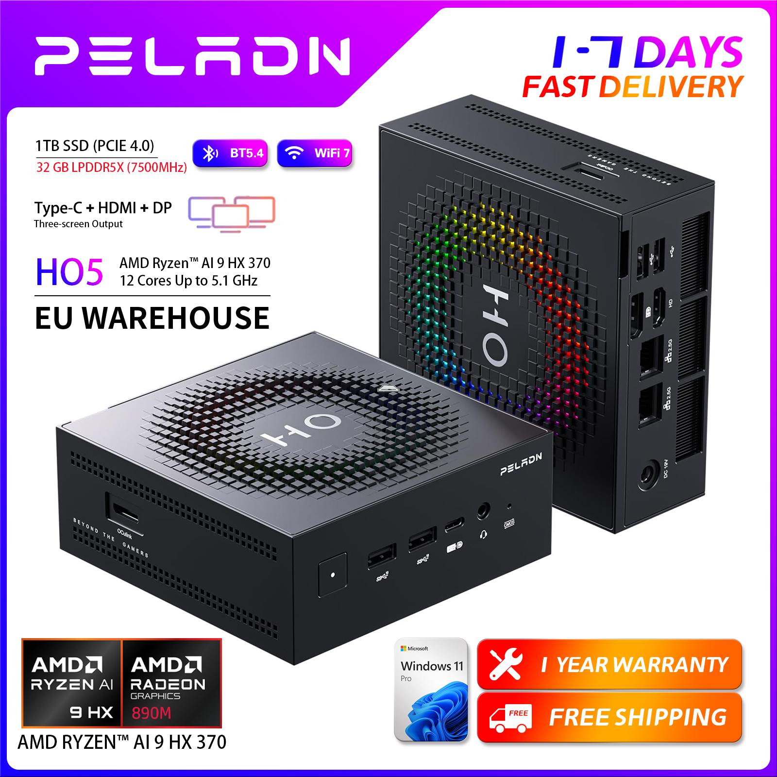 PELADN Gaming Mini PC AMD Ryzen AI 9 HX 370 (12 Cores，up to 5.1Ghz), 32GB LPDDR5X 1TB PCIe 4.0 SSD Dual 2.5G LAN USB4 20Gbps Type-C/DP/HD Mini Desktop Computer WiFi7 4K/60Hz Triple-Display USB3.2/BT5.4 Mini Computers