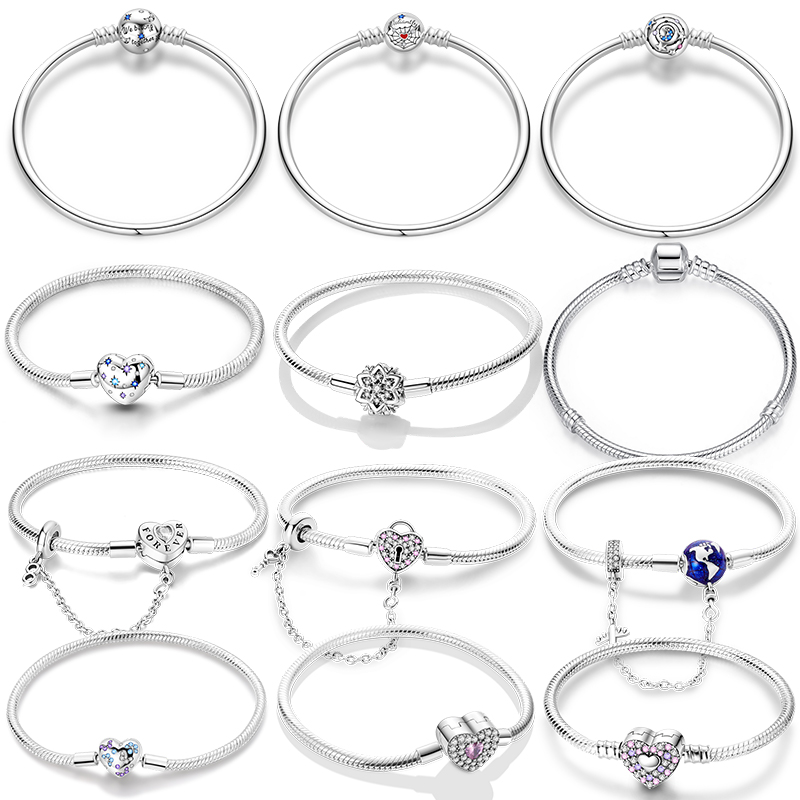 Оригинальные браслеты из серебра 925 пробы 17-20 см в форме сердца со звездой, луной, снежинкой и бабочкой для женщин, подходят для DIY, подвески, ювелирные изделия на день рождения, подарки