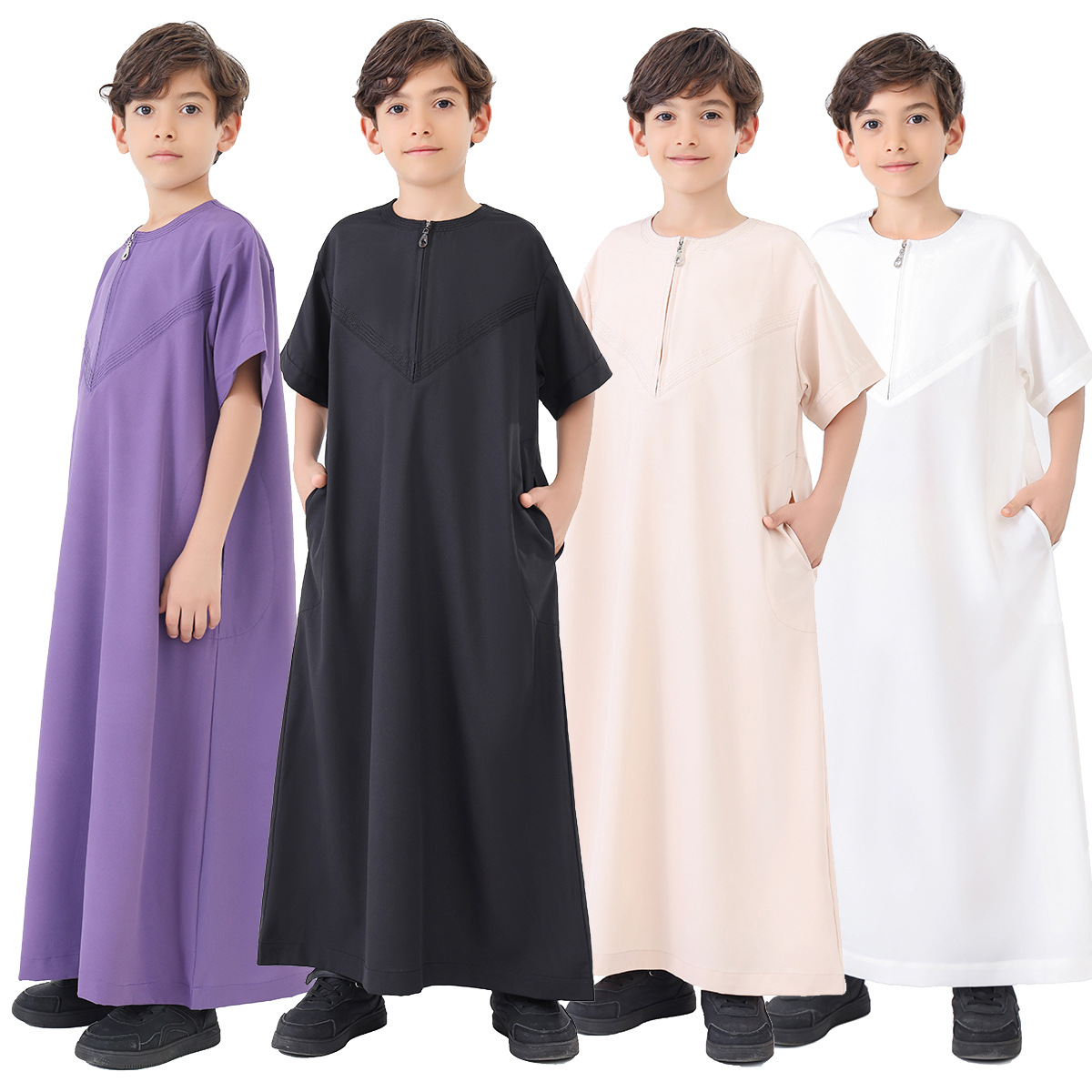 Schwarz Beige Robe für muslimische Jungen Teenager Frühling Thobe Eleganter Kaftan Türkei Ramadan Gebet Arabische Abayas Niedrig elastisch
