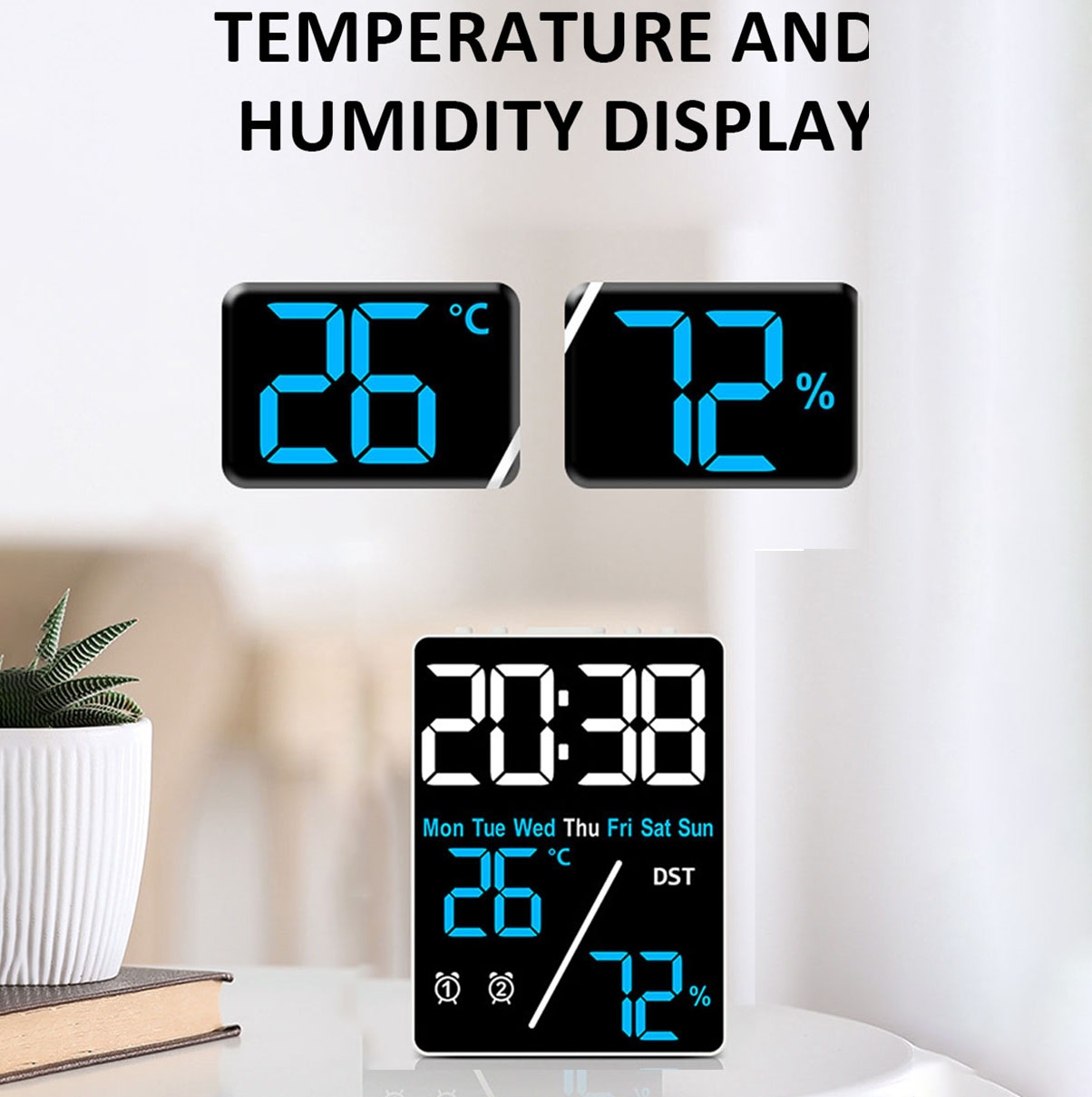 Multifunktionaler digitaler Wecker mit großem Bildschirm, Luftfeuchtigkeitsanzeige, Helligkeitsanpassung, Aufladen, Desktop-Uhr, Heimbüro-Dekoration