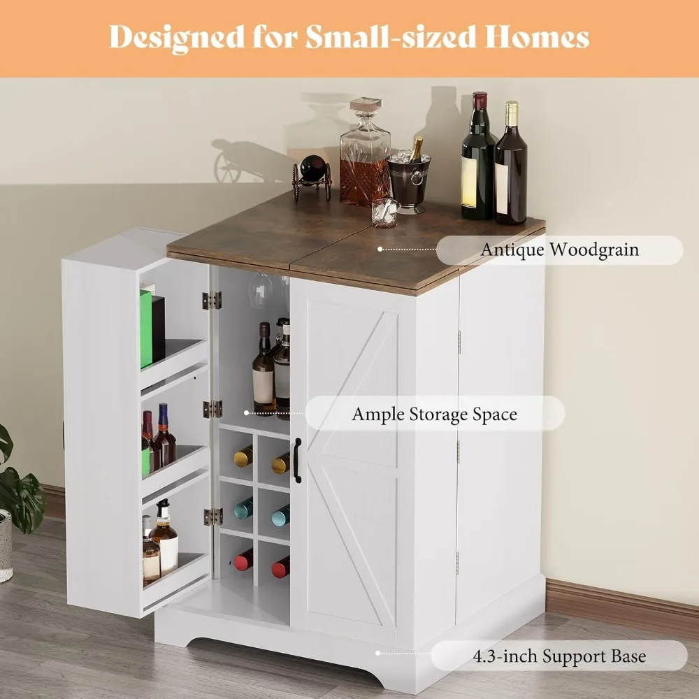61" Farmhouse Bar Cabinet with 9 Wine Racks, Folding Storage Wine Liquor Cabinet, Expandable Coffee Bar Station with Drawer