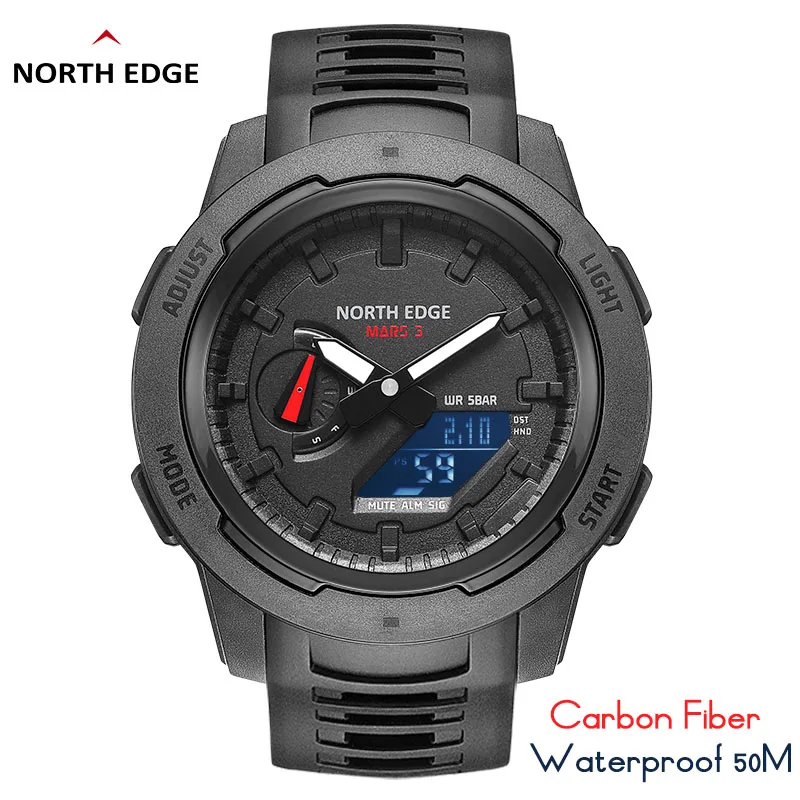 NORTH EDGE Mars 3 reloj militar para hombre caja Digital de fibra de carbono para hombre resistente al agua 50M relojes deportivos reloj de pulsera LED de hora mundial