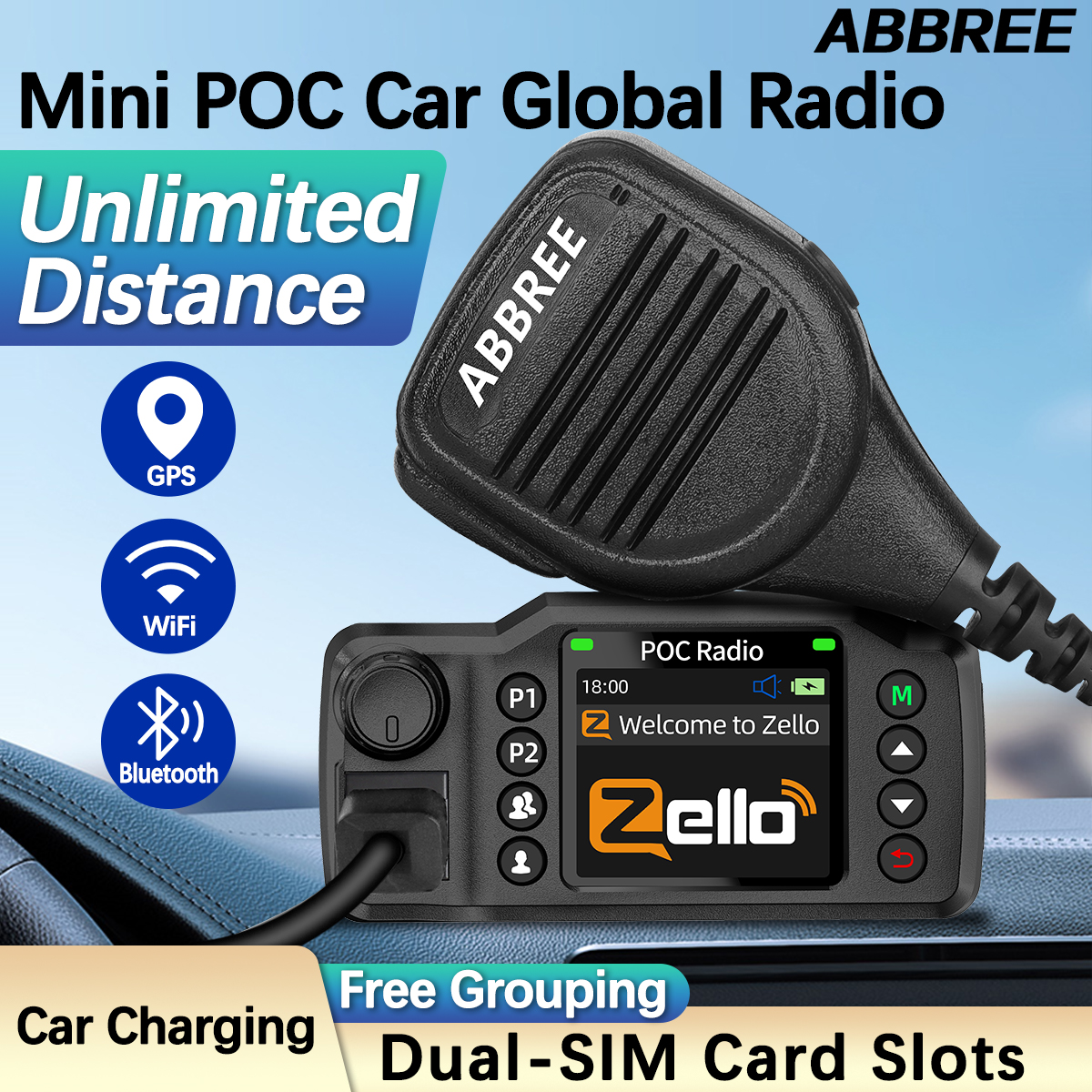 ABBREE GP-8900 Plus เครือข่ายรถ Walkie Talkie Zello Global POC วิทยุ GPS 3/4G ไม่จํากัดระยะทาง Dual SIM การ์ด Android Bluetooth