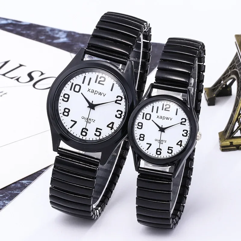 Reloj Retro para parejas, reloj creativo con banda elástica en blanco y negro, relojes de pulsera de cuarzo elásticos para parejas mayores, 1 unidad, reloj femenino