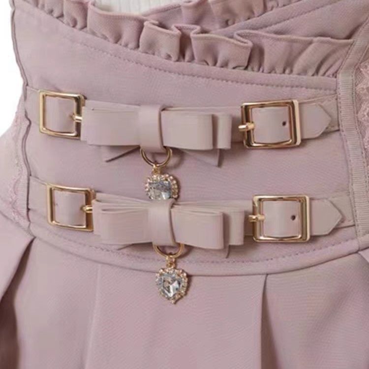 Dophee Japanese Spring Summer Women Short A-line Skirts Elegant High Waist Double Bow Leather Button Diamonds Love Mini Skirt
