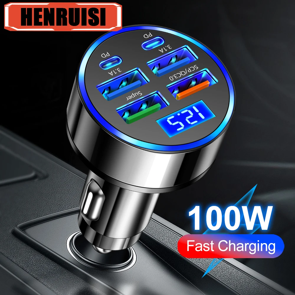 Caricabatteria da auto da 100 W a 6 porte Ricarica rapida PD QC3.0 Caricatore per telefono da auto USB C Adattatore di tipo C in auto per iPhone Samsung Xiaomi Huawei