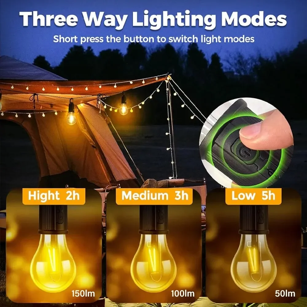 3つの照明モードを備えた屋外LEDライト,ポータブル照明,非常灯,USB充電,フック,テント,釣り,常夜灯