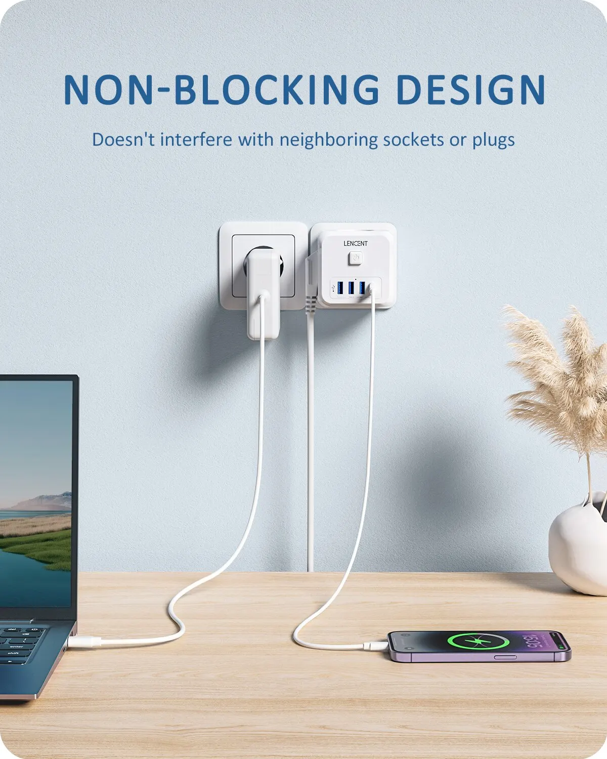 LENCENT Wandsteckdosen-Extender mit 3 AC-Steckdosen, 3 USB-Anschlüssen und 1 Typ C 7-in-1 EU-Stecker-Ladegerät Ein/Aus-Schalter für Zuhause