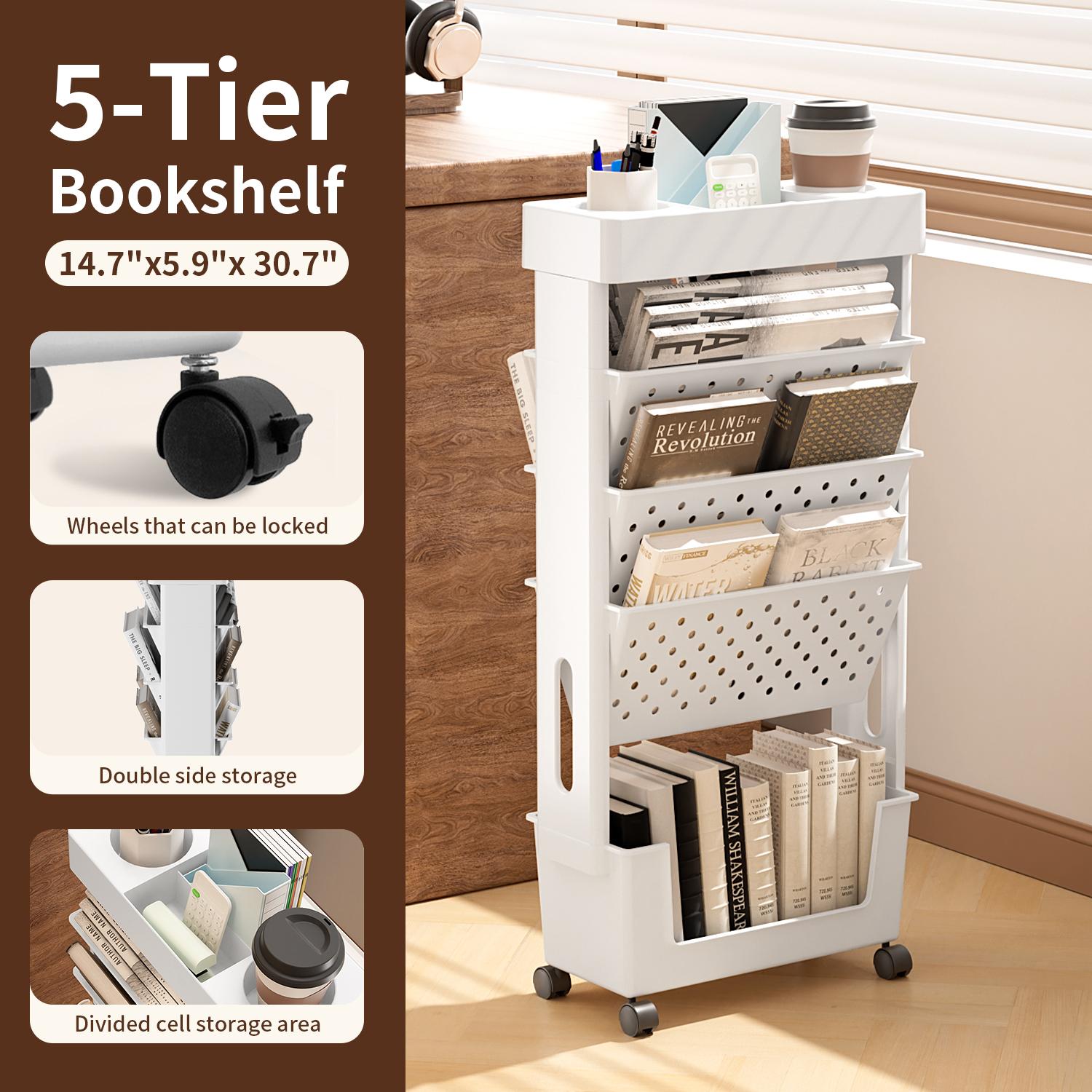 5-Tier Removable Magazine Newspaper Storage Rack, Book Storage Rack With Wheels Tableside Bookshelf For School Classroom Office