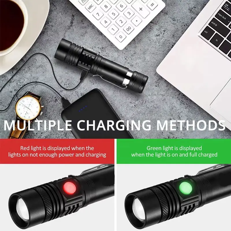 Lanternas led de alta potência com zoom, tocha de acampamento com contas de lâmpada led t6, à prova d'água, 4 modos de iluminação, carregador usb multifuncional