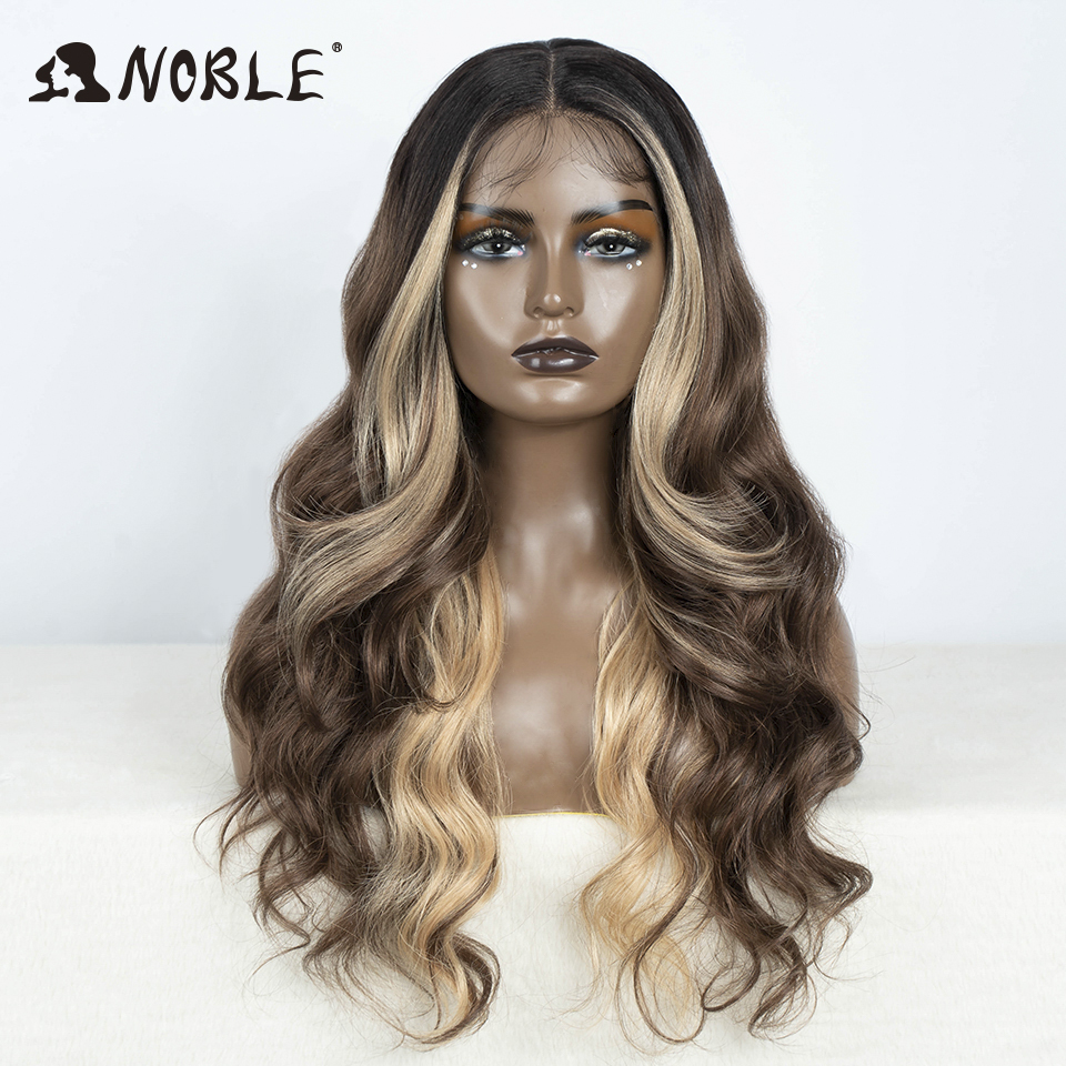 Noble-peluca sintética con malla frontal para mujer, cabellera ondulada de 28 pulgadas, color marrón miel, Rubio