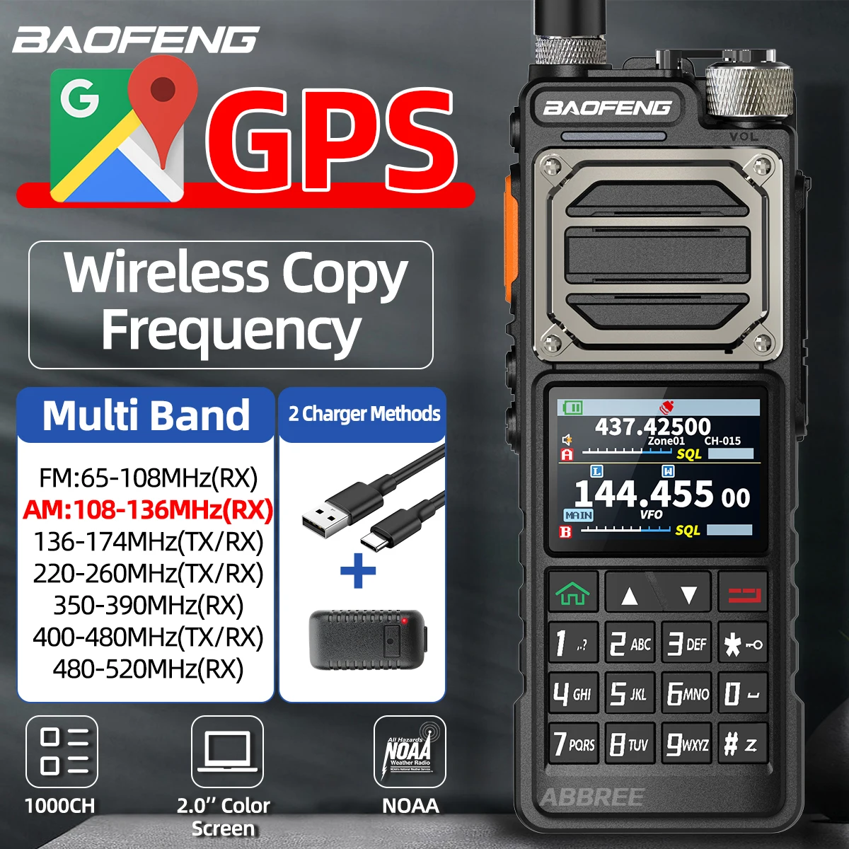 BAOFENG UV-25 PRO GPS Multi Band Walkie Talkie 1000CH AM Typ-C Ladegerät 5200 mAh große Reichweite für UV-5R Amateur Zwei-Wege-Amateurfunk