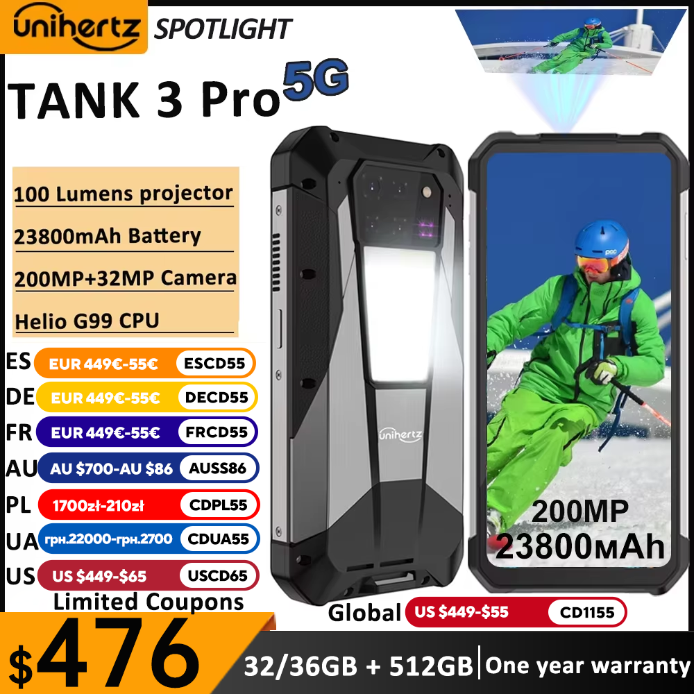Unihertz Tank 3 Pro 8849 Rugged Smartphone android 5G with 100 Lumens Projector 32/36GB 512GB 23800mAh Waterproof 200MP phones