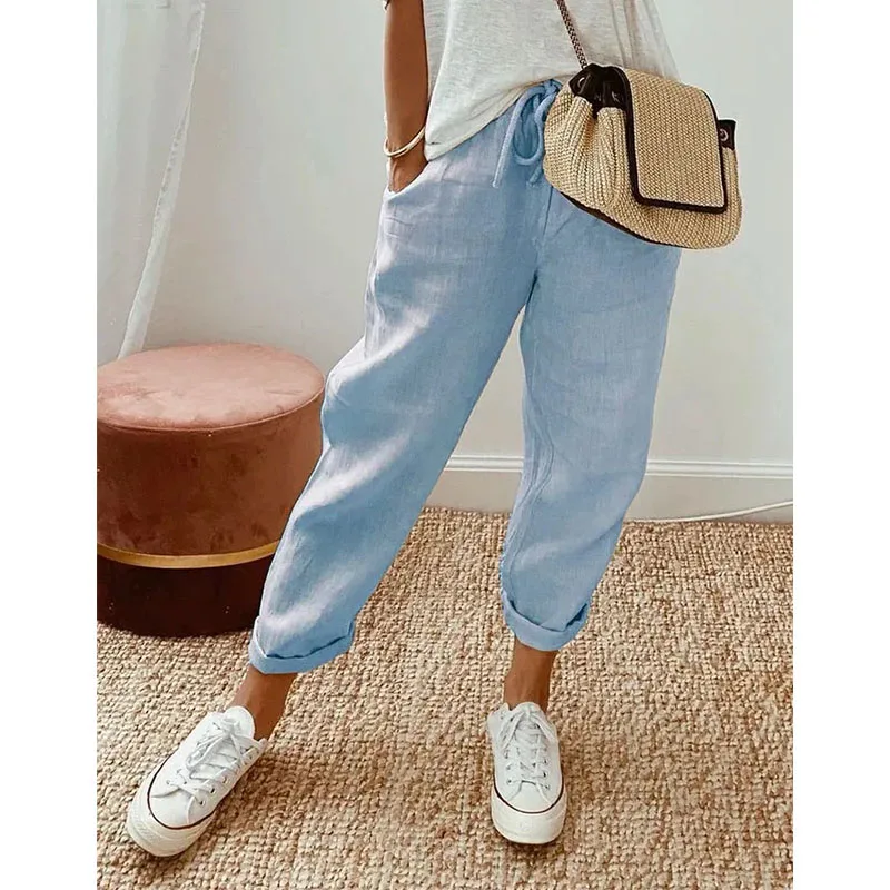 Women's Casual Pants Solid Color Drawstring Elastic Waist Trousers with Pockets Lounge Fashion Straight Pants