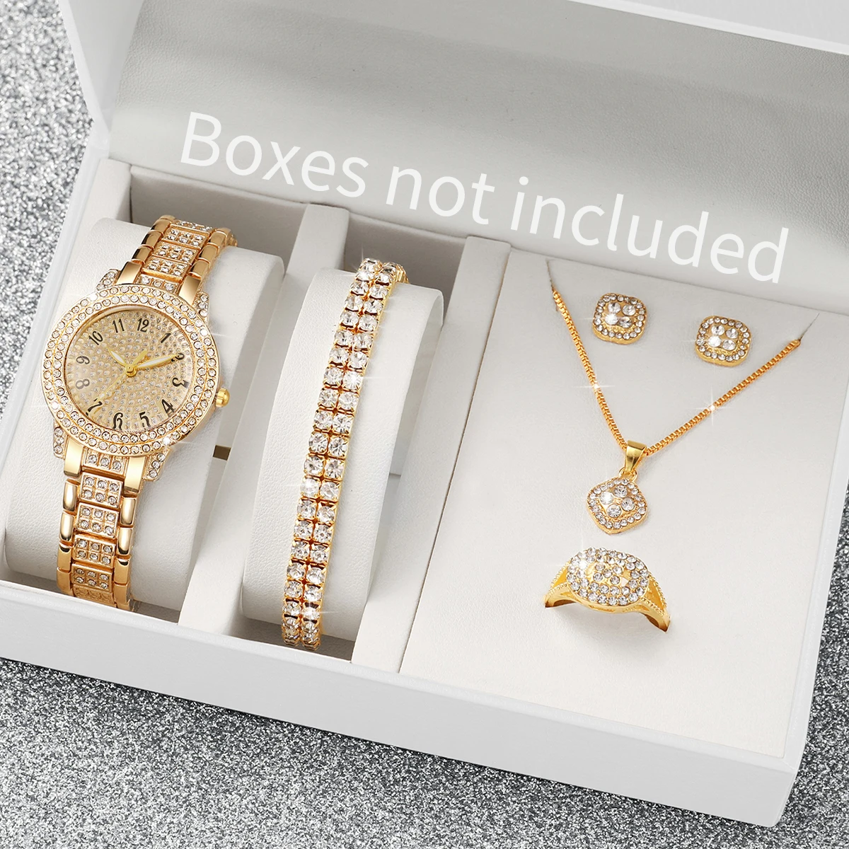 6 pièces mode plein diamant montre pour femme bracelet en acier doré montres à Quartz analogiques ensemble de bijoux (sans boîte)