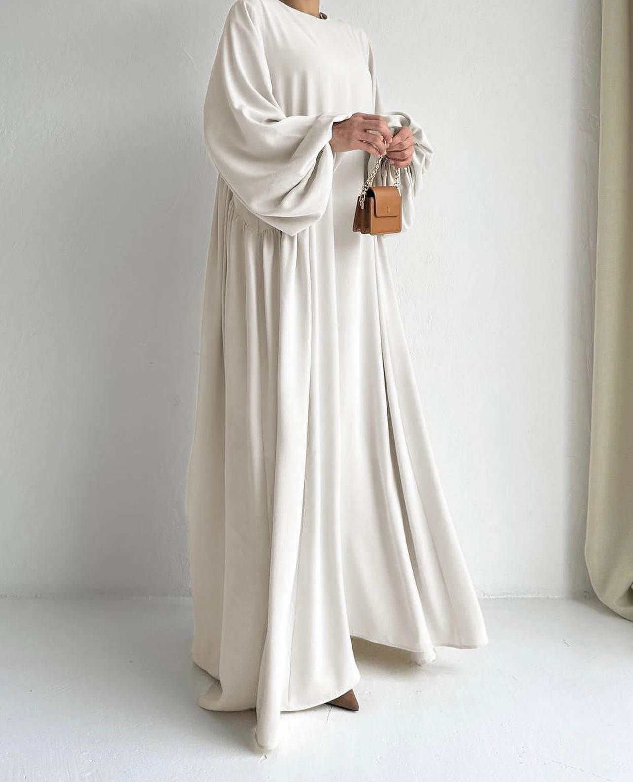 Abaya Ramadan Solid Bishop Sleeve Kebaya Kaftan, vestido elegante de comprimento maxi com gola redonda, Abayas islâmicas para mulheres