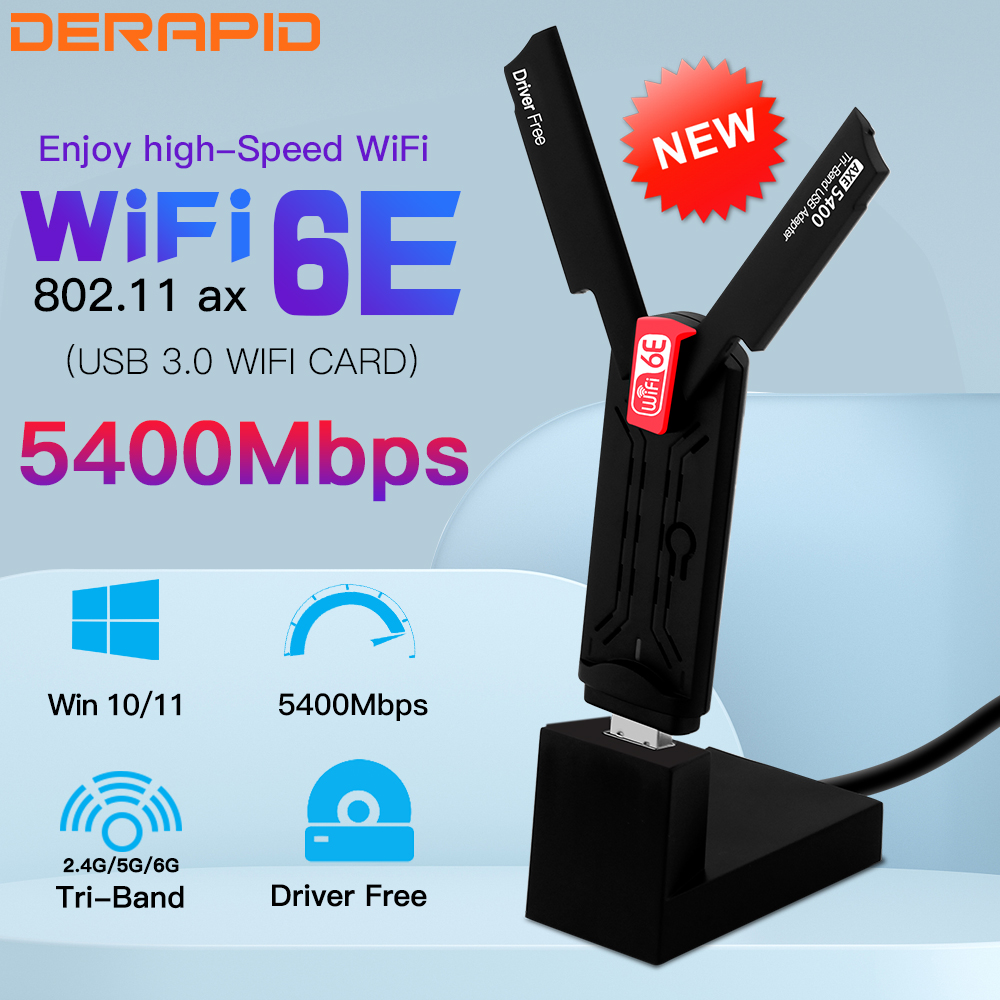 Adaptador inalámbrico WiFi6E AX5400 USB 3,0, amplificador Wi-Fi de 2,4 GHz/5GHz/6GHz con antena de alta ganancia para PC/portátil Win10/11 sin controlador