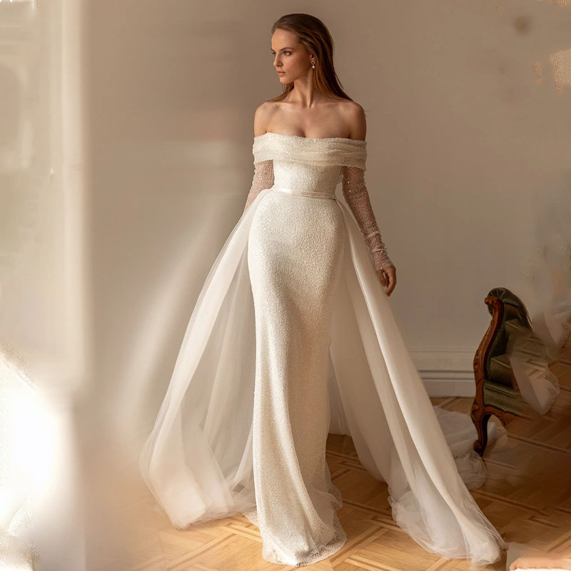 Bling Pailletten Weg Von Der Schulter Full Sleeves Meerjungfrau Hochzeit Dresss Abnehmbare Zug Vestido De Renda Estilo Sereia
