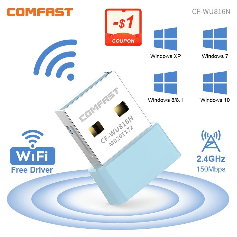 Comfast-Adaptador WiFi USB de 150Mbps, unidad de tarjeta de Internet de 2,4 GHz, receptor de Wi-Fi LAN gratuito, antena Dongle de llave Para PC Win 7 8 10 11