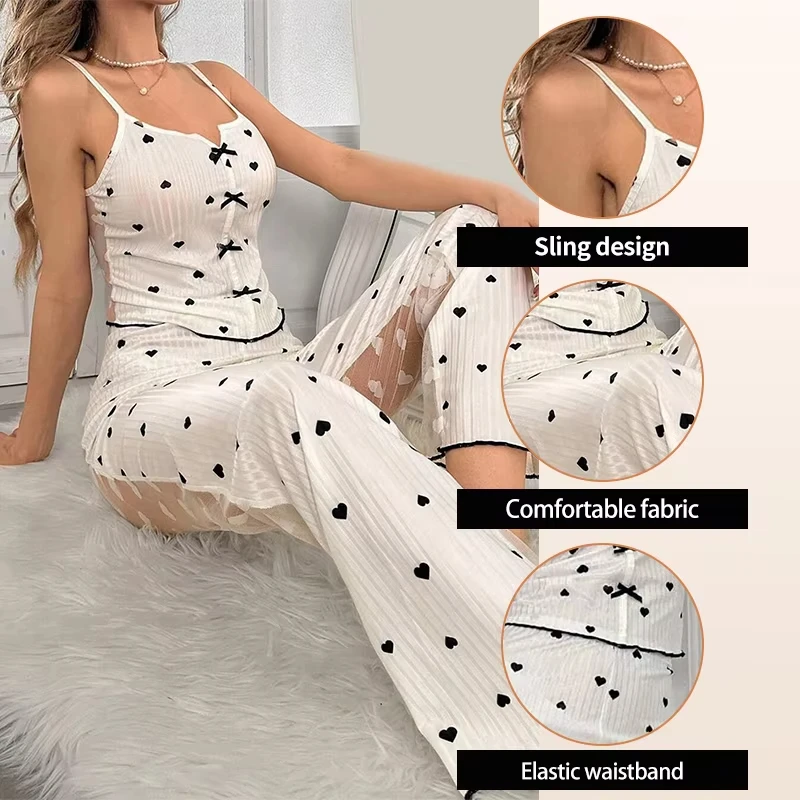 Conjunto de renda de malha transparente sexy feminino de 2 peças com alça impressa com nervuras top e calças roupas para casa conjunto de pijama