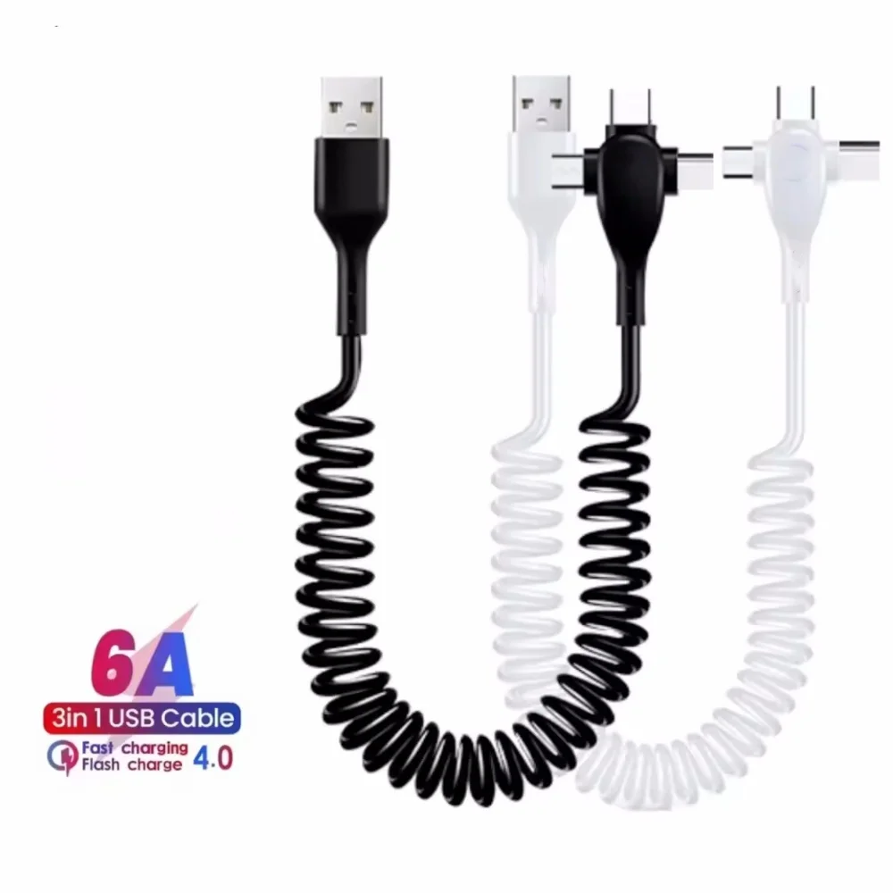 Cavo dati retrattile a molla di ricarica super veloce da 120 W 3 in 1 per iPhone Huawei Xiaomi Cavo dati per caricabatterie rapido per telefono