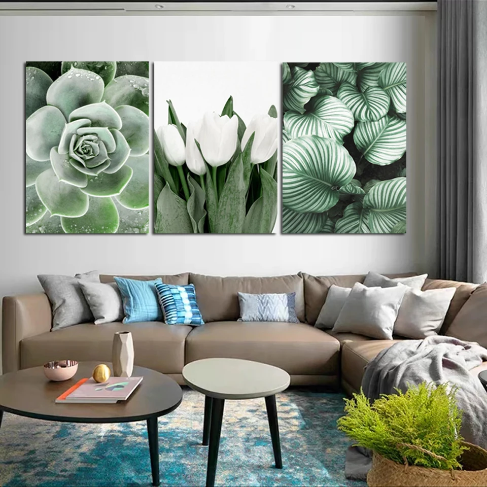 Tulip Putih Hijau Anggrek Tanaman Lidah Buaya Seni Diy Lukisan Berlian Nordic Berlian Mosaik Triptych Gambar Dinding untuk Dekorasi Ruang Tamu