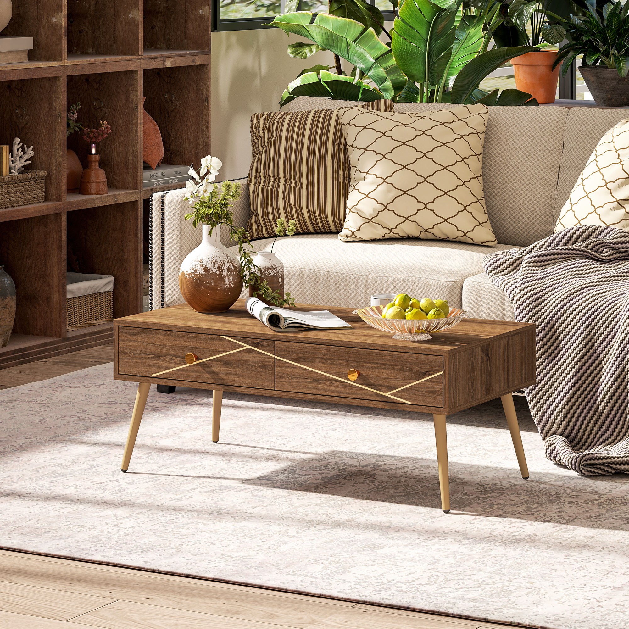 Homcom Couch tisch mit 2 Schubladen 100x50x41 cm braun