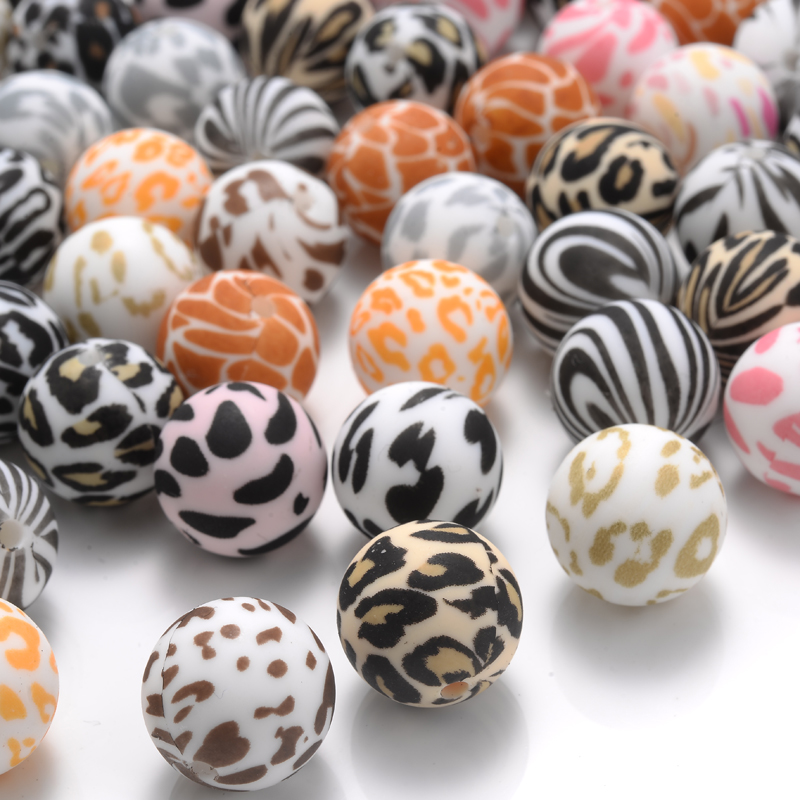 15mm 10Pcs Beißring Silikon Perlen Leopard Print Runde Zahnen Perlen Für Baby Schnuller Kette Dummy Halter Clip DIY halskette