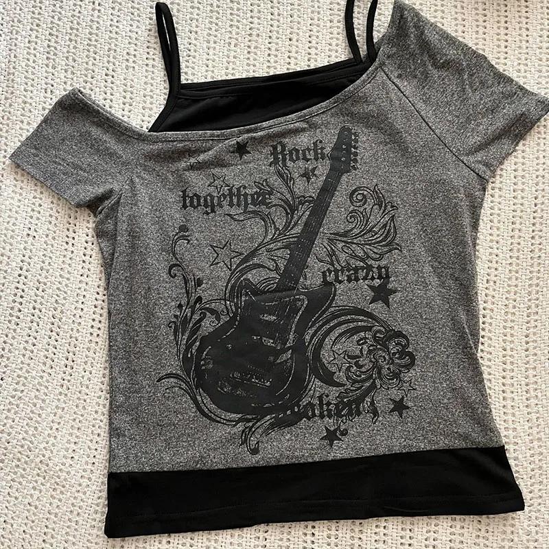 Y2k Slim Fit Print Tops Frauen Off Schulter Kurzarm T-shirt Neploe American Vintage Gefälschte Zwei Stück Halter Lace Up T-shirts
