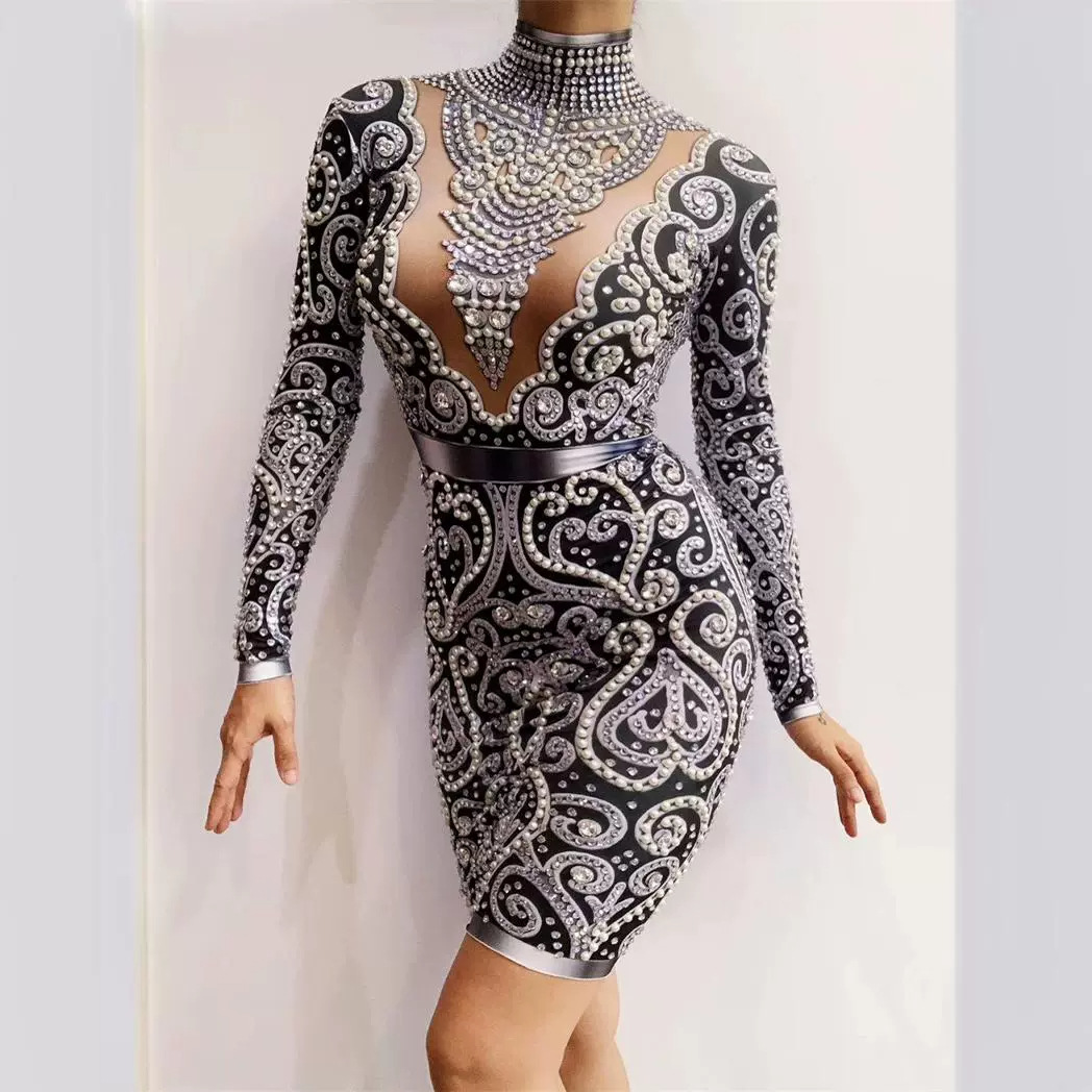 Сверкающее вечернее платье со стразами для выступления на сцене и празднования дня рождения с сексуальным сетчатым дизайном идеально подходит для шоу в ночном клубе