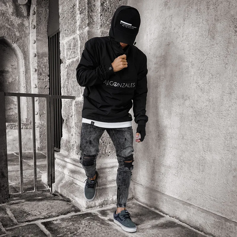 Biker Jeans Męskie Distressed Stretch Ripped Biker Jeans Męskie Hip Hop Slim Fit Holes Punk Jeans Zipper Pure Color Denim Pants