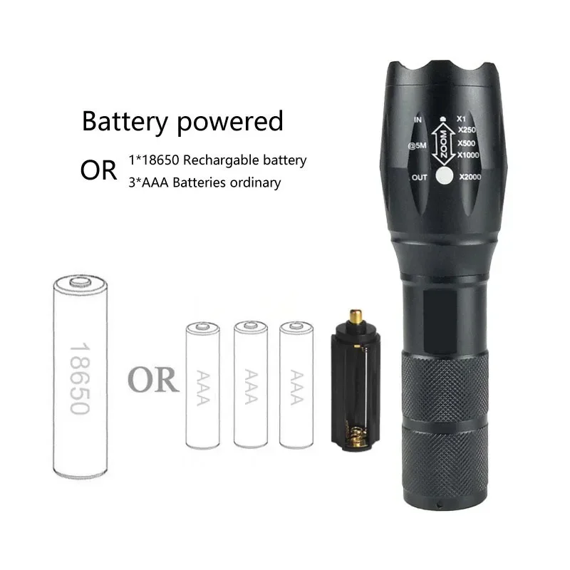 높은 전력 T6 LED 손전등 캠핑 토치 5 조명 모드 줌 라이트 알루미늄 합금 방수 소재 외부 18650 배터리