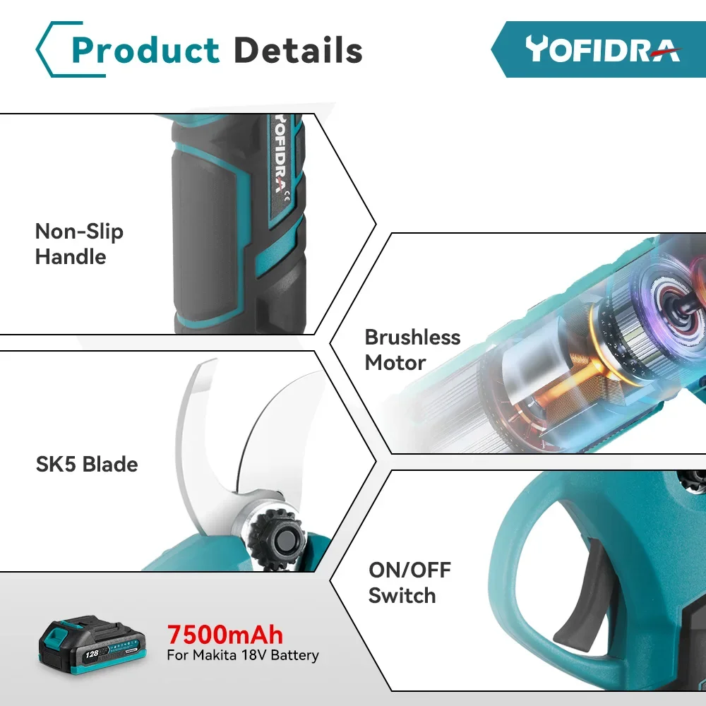 Yofidra 30 мм бесщеточные электрические секаторы аккумуляторные перезаряжаемые обрезка фруктовых деревьев бонсай для батареи 18 В